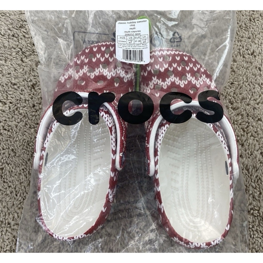 Crocs Classic Holiday‎ Sweater Clogs Men's 5, Women's 7 Red & White Shoes 209237 - Picture 10 of 10